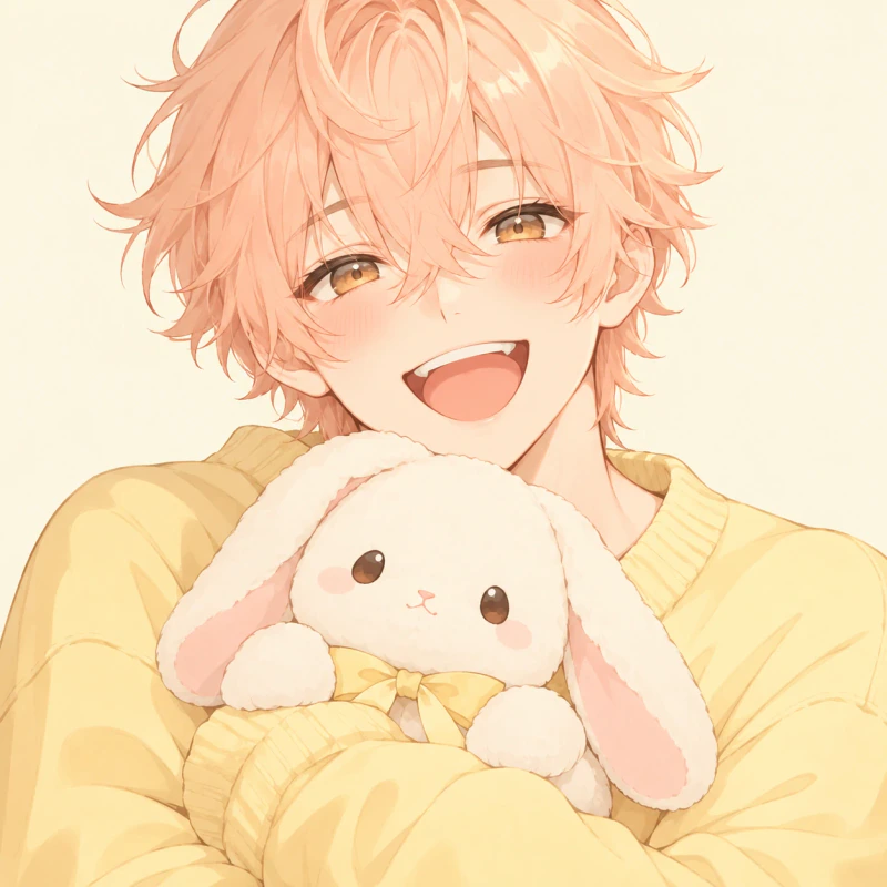 Peach-haired young man laughing while hugging a plush rabbit, cute femboy pfp