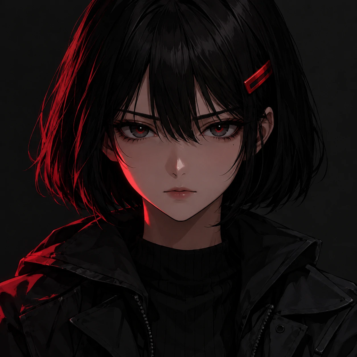 Dark anime girl pfp with a cool serious stare, black bob, and a red barrette.