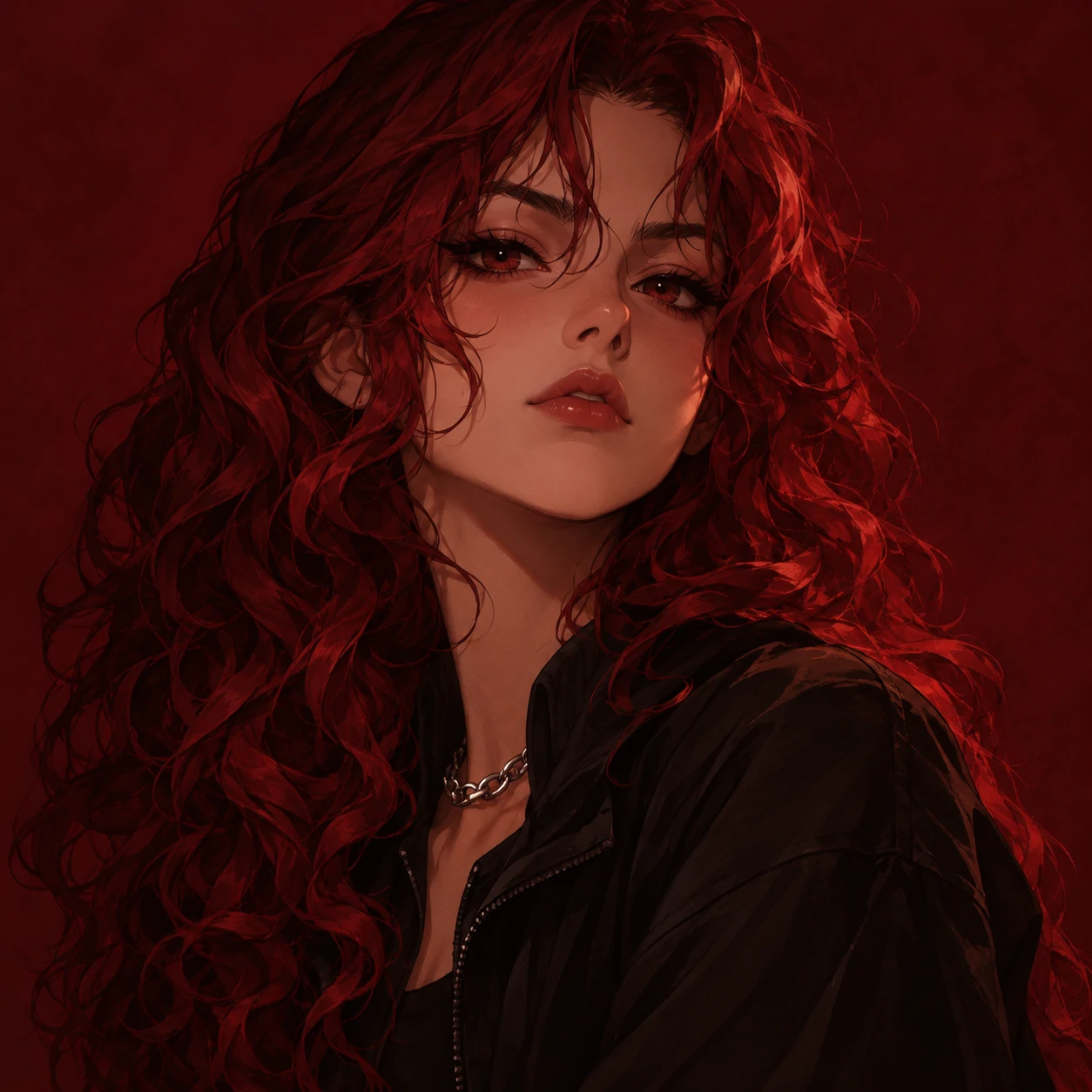 Dark anime girl pfp with crimson curls, a defiant expression, and a short silver chain.