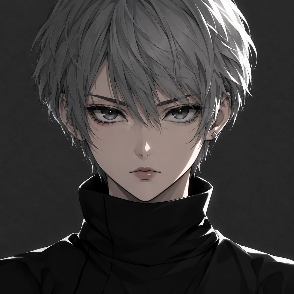 Dark anime girl pfp with a stern expression, grey pixie haircut, and a black high collar.
