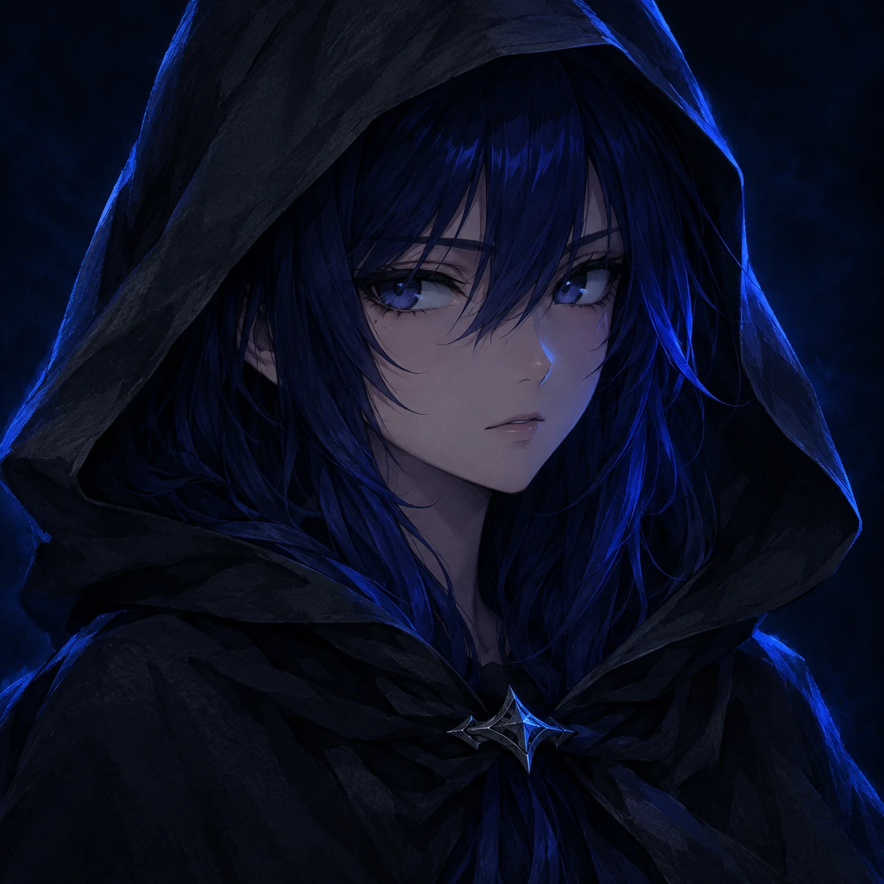 Dark anime girl pfp with a guarded expression, indigo hair, and a raised charcoal hood.