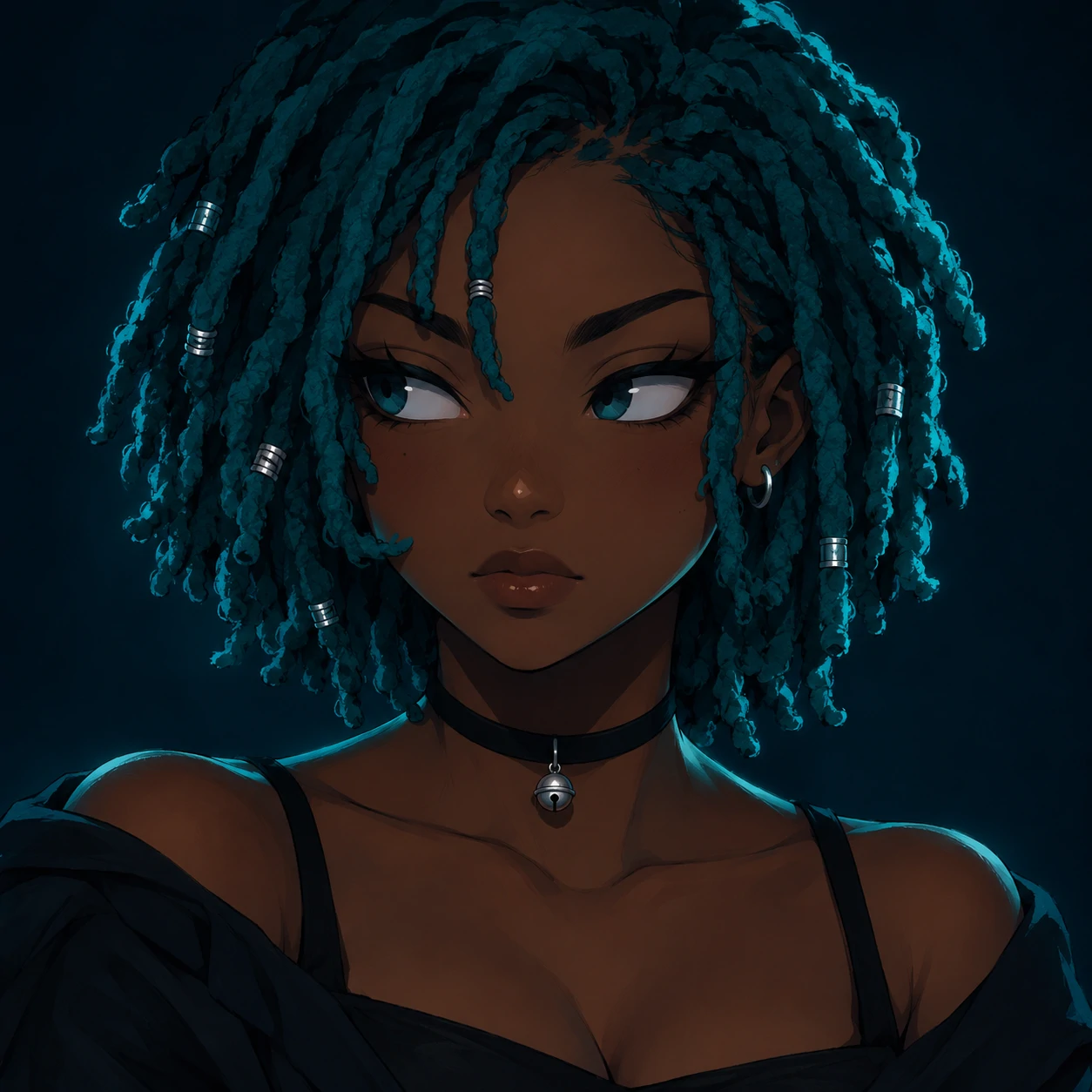 Dark anime girl pfp with teal locs, a watchful expression, and a tiny silver bell charm.