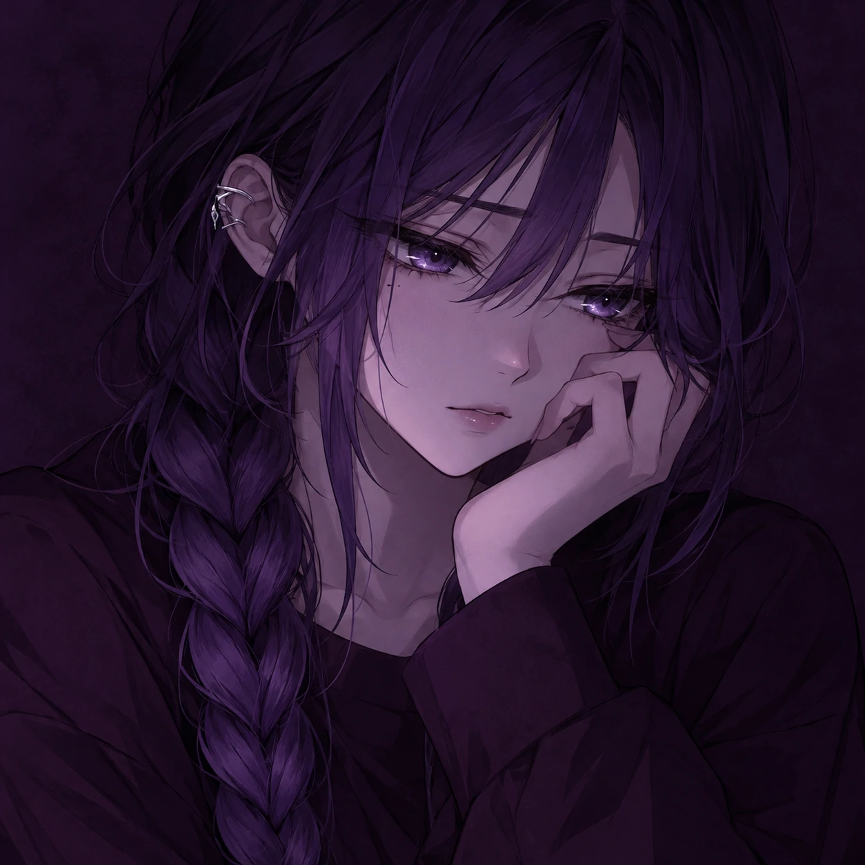 Dark anime girl pfp with a gentle sad look, violet braid, and a silver ear cuff.