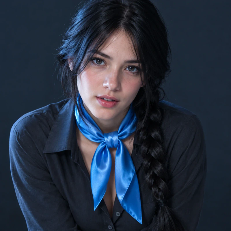 Dark-haired young woman with an attentive gaze and satin scarf, photo-style femboy pfp companion