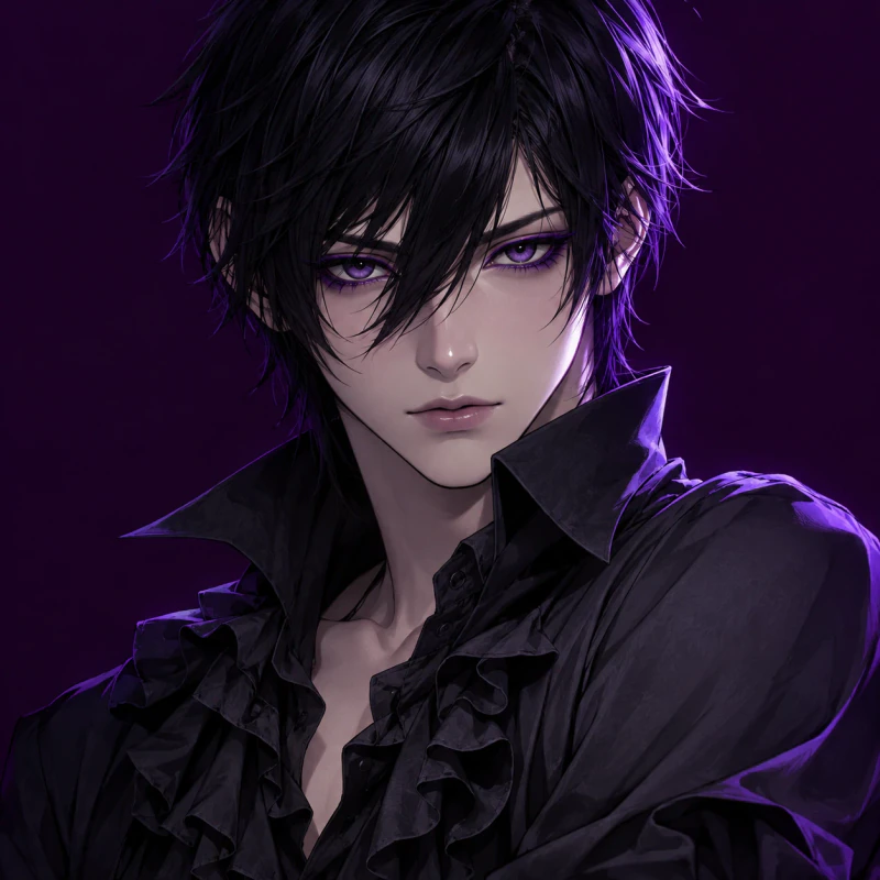 Black-haired young man with a cool serious stare and violet liner, emo femboy pfp