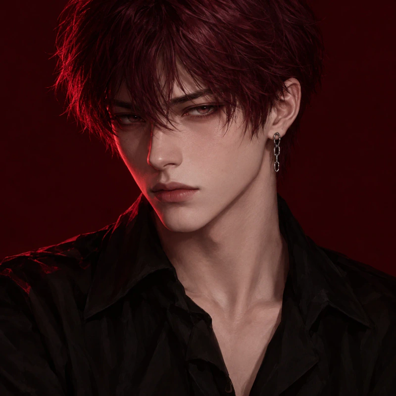 Burgundy-haired young man with a guarded expression and chain earring, emo femboy pfp