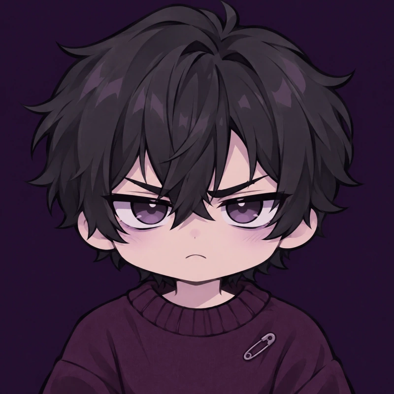 Charcoal-haired adult chibi man with an irritated expression and safety pin, emo femboy pfp