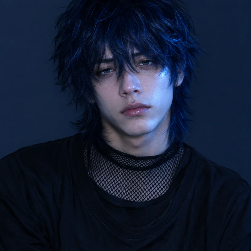 Navy-haired young man with a weary expression and mesh collar detail, emo femboy pfp