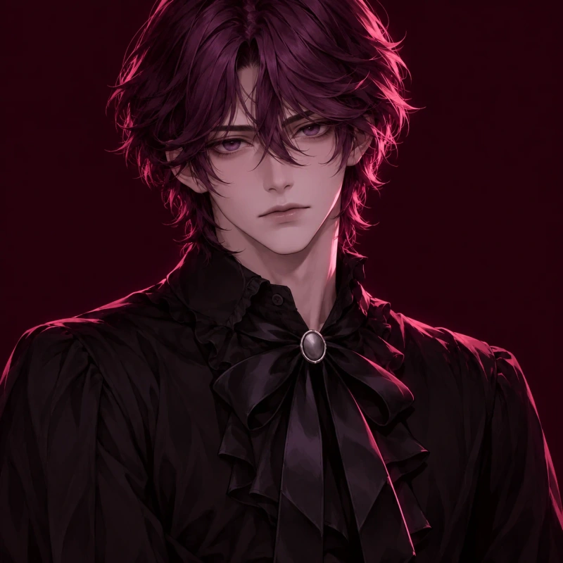 Plum-haired young man with a solemn expression and silver ribbon clasp, emo femboy pfp