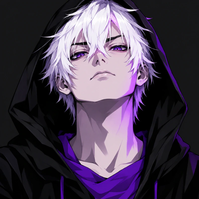 White-haired young man with a defiant expression and raised black hood, emo femboy pfp