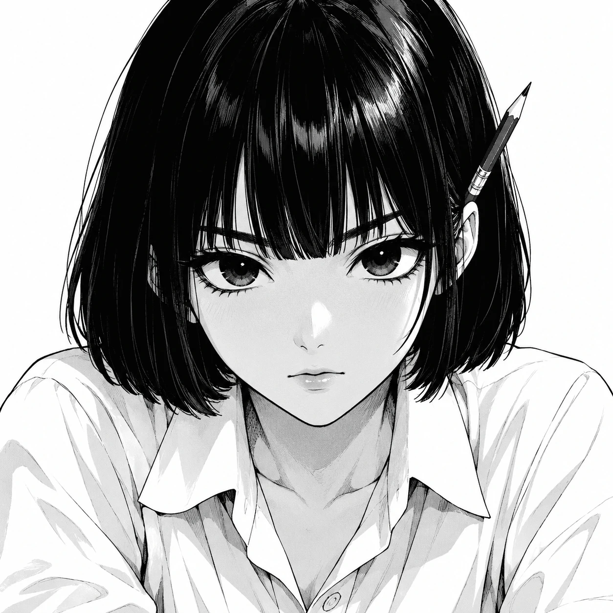 Manga anime girl pfp with a focused expression, blunt black bob, and a tucked pencil.