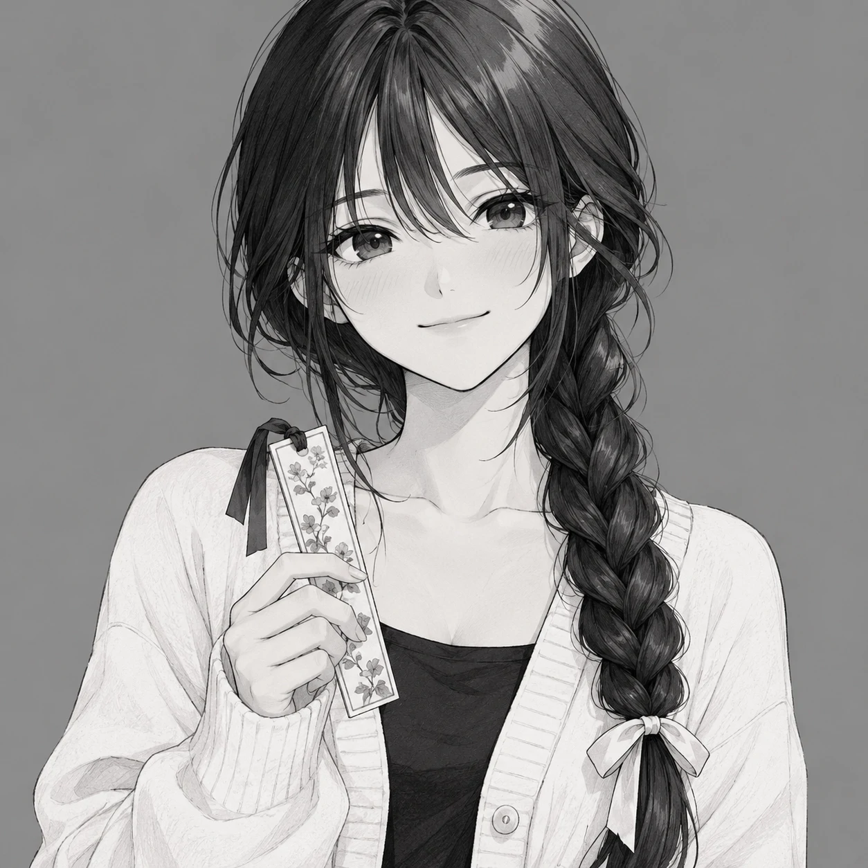 Manga anime girl pfp with a content expression, long dark braid, and a ribbon bookmark.