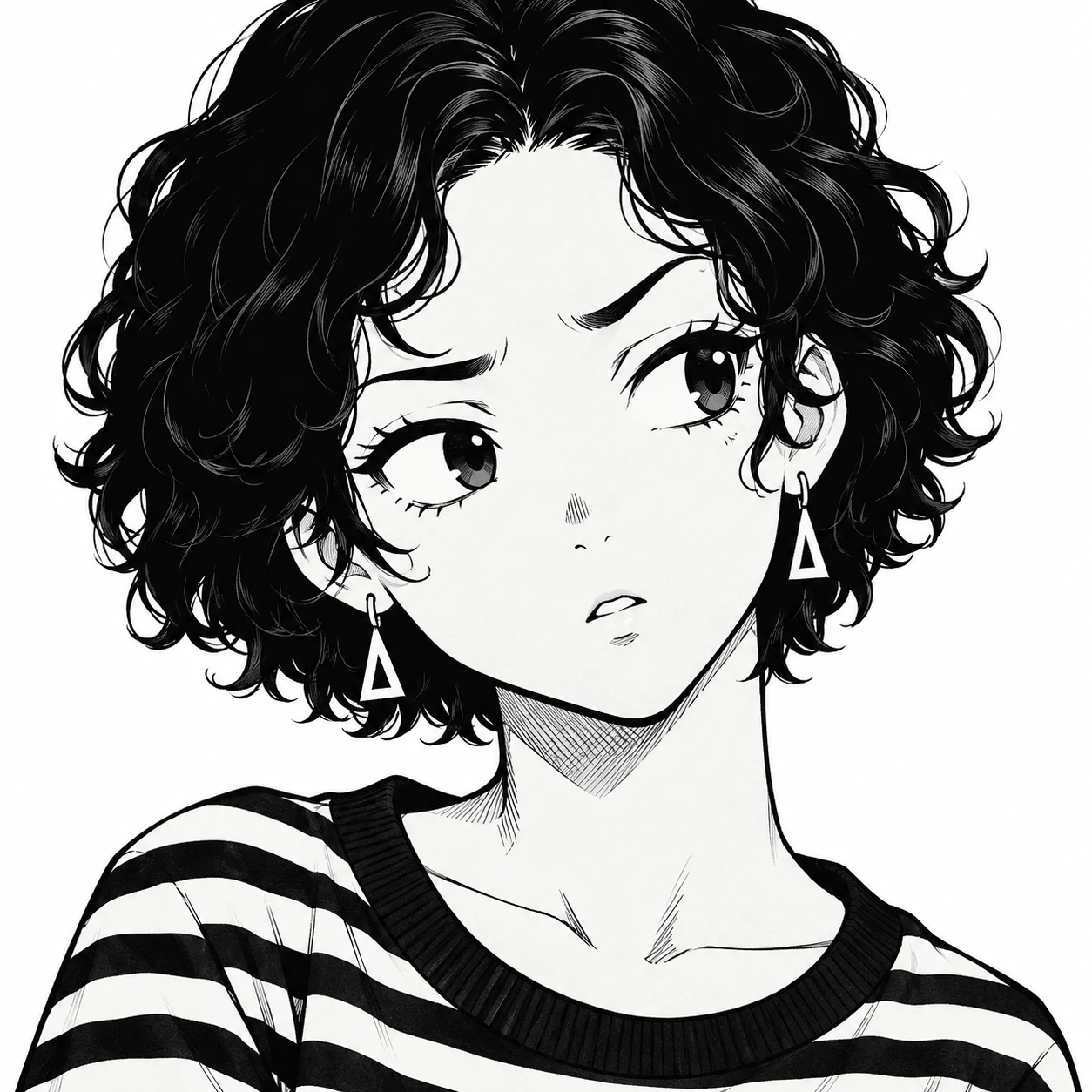 Manga anime girl pfp with short curls, a puzzled expression, and small triangular earrings.
