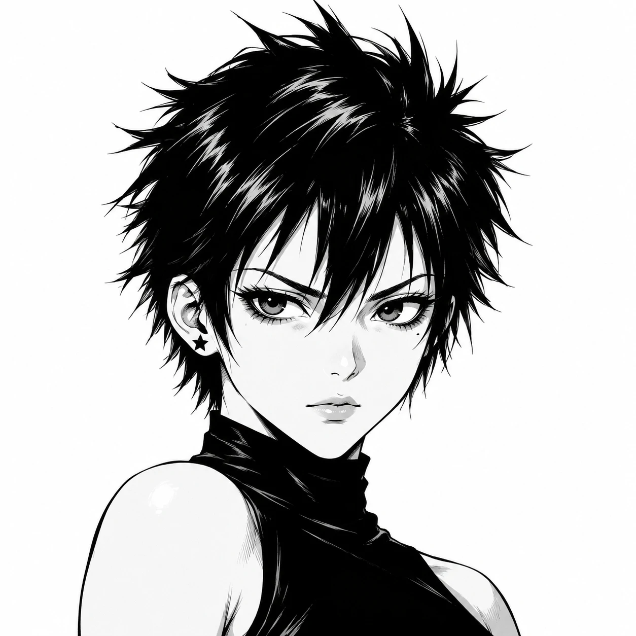 Manga anime girl pfp with a challenging expression, spiky cropped hair, and a black star stud.