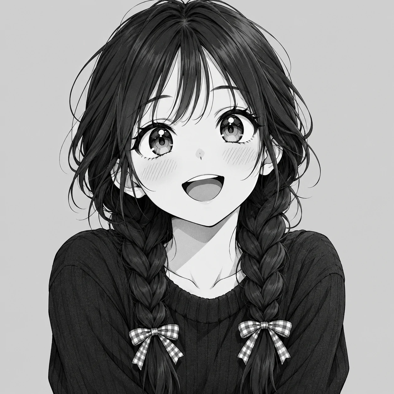 Manga anime girl pfp with twin braids, an eager expression, and a small checked ribbon.