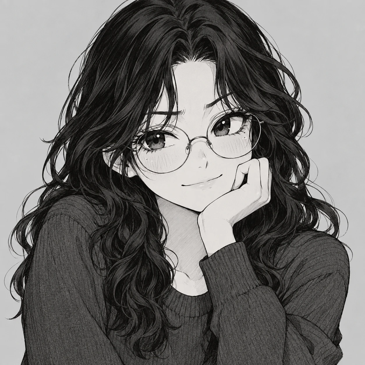 Manga anime girl pfp with an amused expression, wavy hair, and thin round glasses.