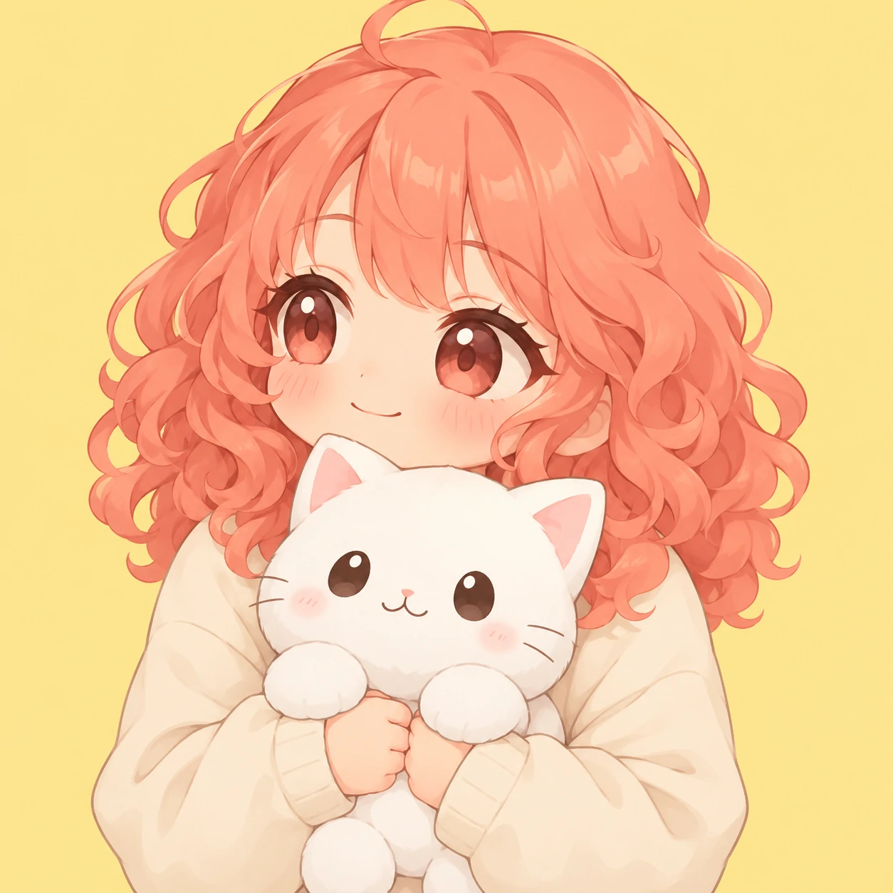 Matching anime girl pfp with coral curls, a fond expression, and a complete white cat plush.
