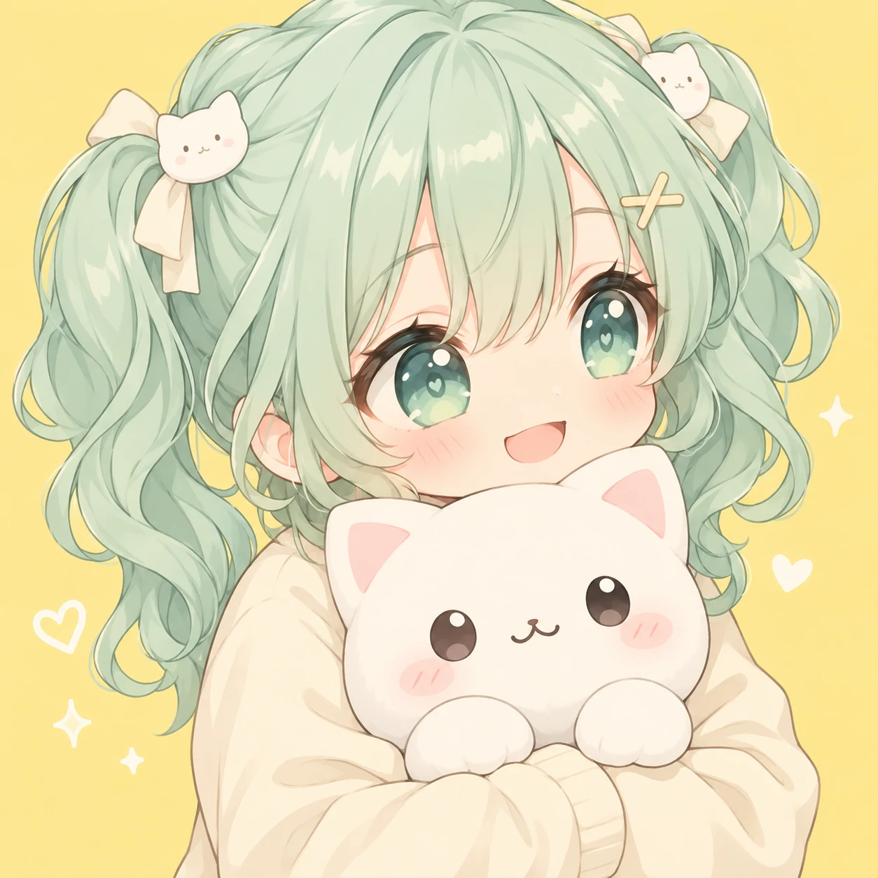 Matching anime girl pfp with mint pigtails, a pleased expression, and a complete white cat plush.