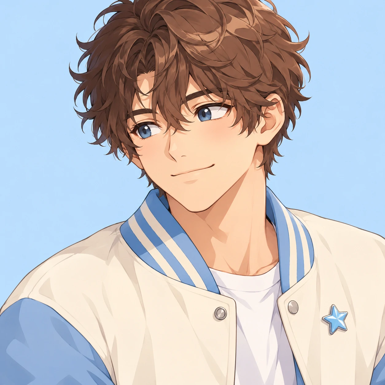 Matching anime girl pfp companion boy with a reassuring expression, brown curls, and a blue star pin.