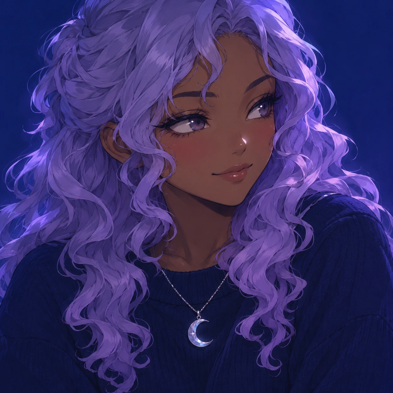 Matching anime girl pfp with lilac curls, a knowing expression, and a silver crescent pendant.