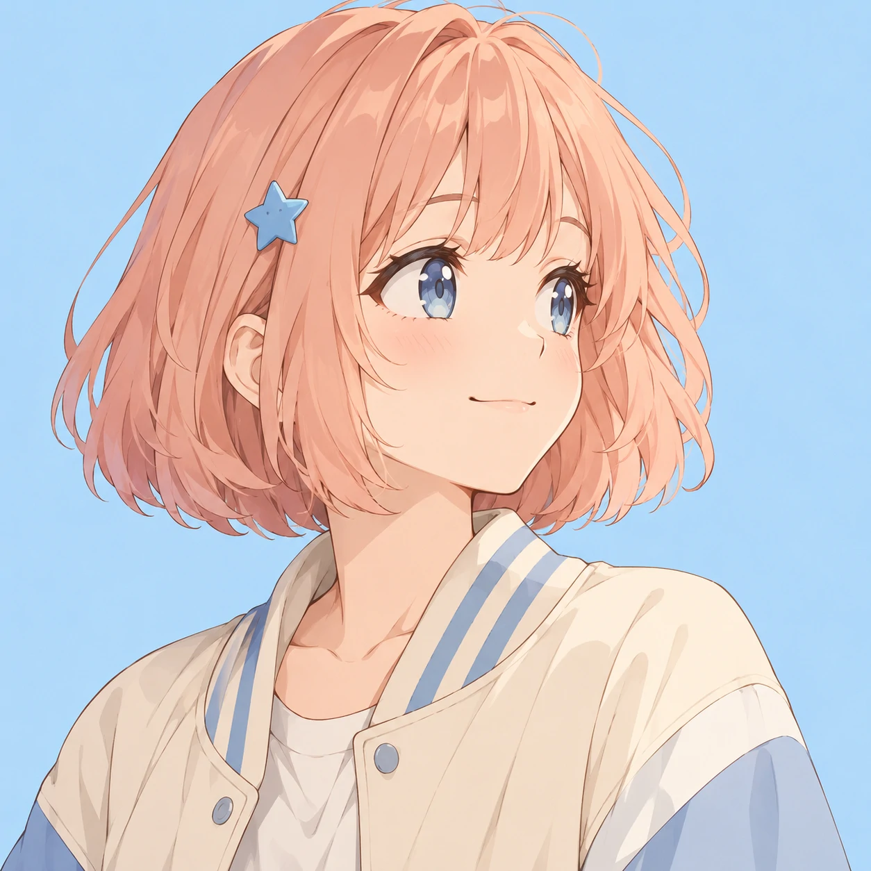 Matching anime girl pfp with a hopeful expression, peach bob, and a small blue star pin.