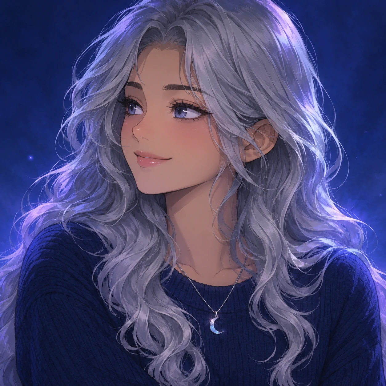 Matching anime girl pfp with silver waves, an appreciative expression, and a small crescent pendant.