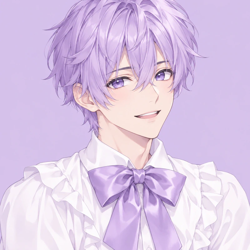 Lavender-haired young man with a welcoming expression and satin bow, matching femboy pfp