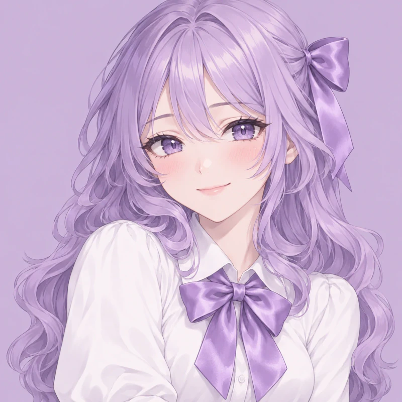 Lavender-haired young woman with a fond expression and satin bow, matching femboy pfp