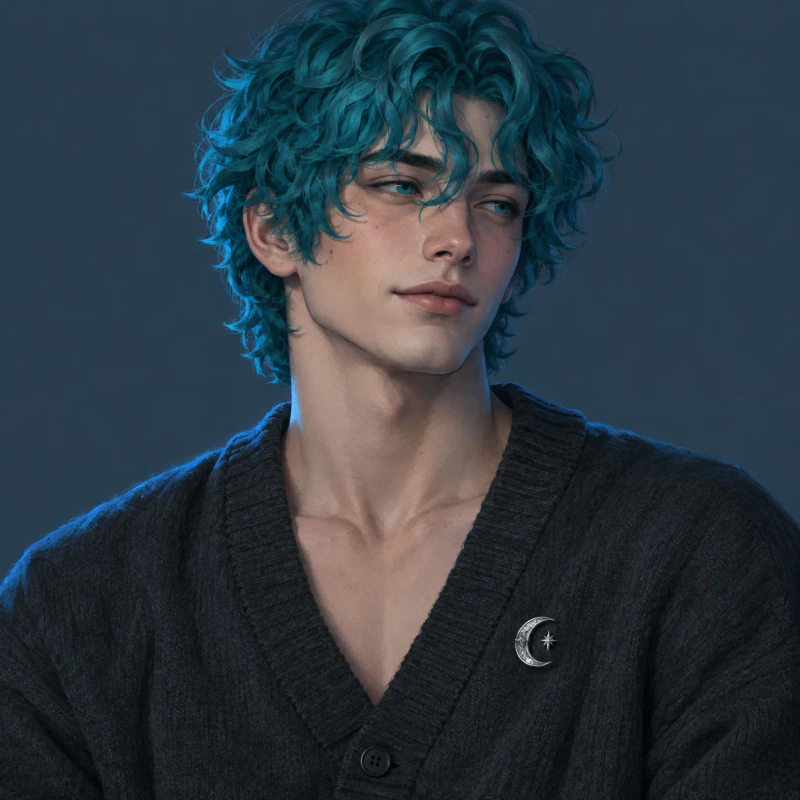 Teal-haired young man with a relaxed expression and moon pin, matching femboy pfp