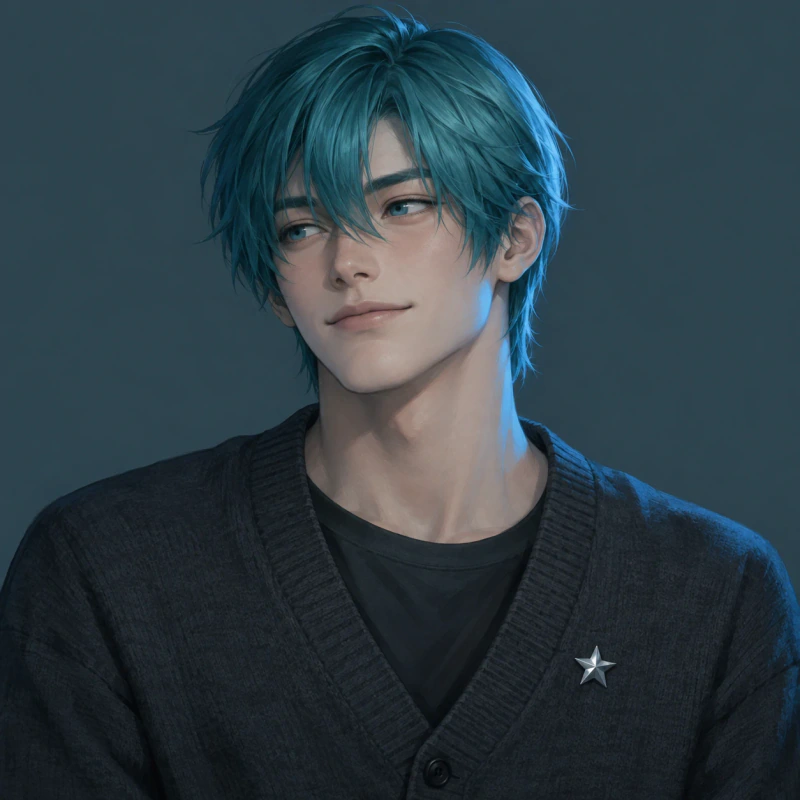 Teal-haired young man with a reassured expression and star pin, matching femboy pfp