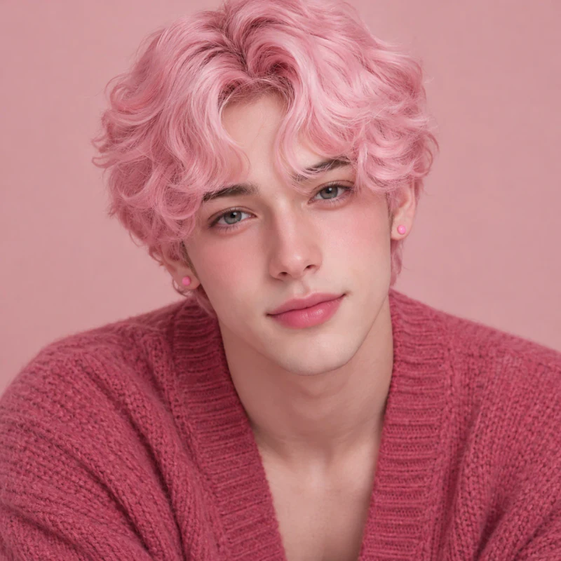 Cotton-candy-haired young man with a tender expression and pink cardigan, pink femboy pfp