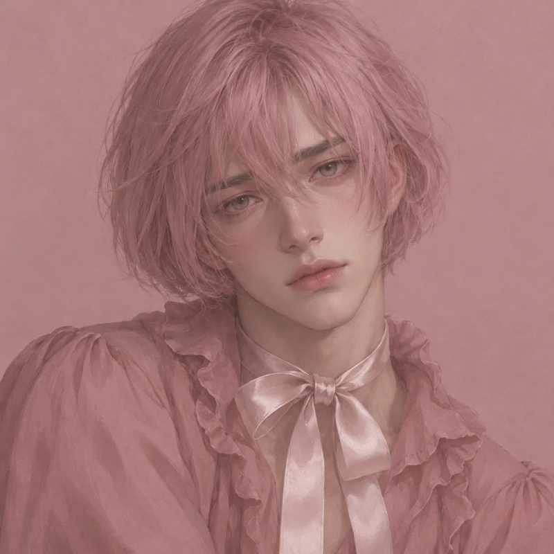 Dusty-pink-haired young man with a wistful expression and satin ribbon, pink femboy pfp