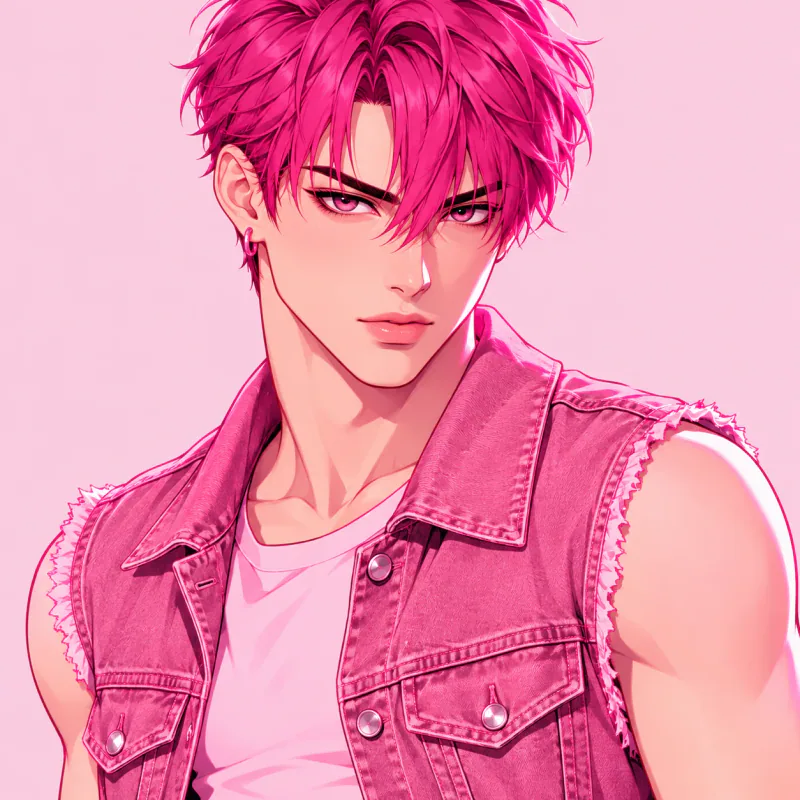 Fuchsia-haired young man with a bold expression and rose denim vest, pink femboy pfp