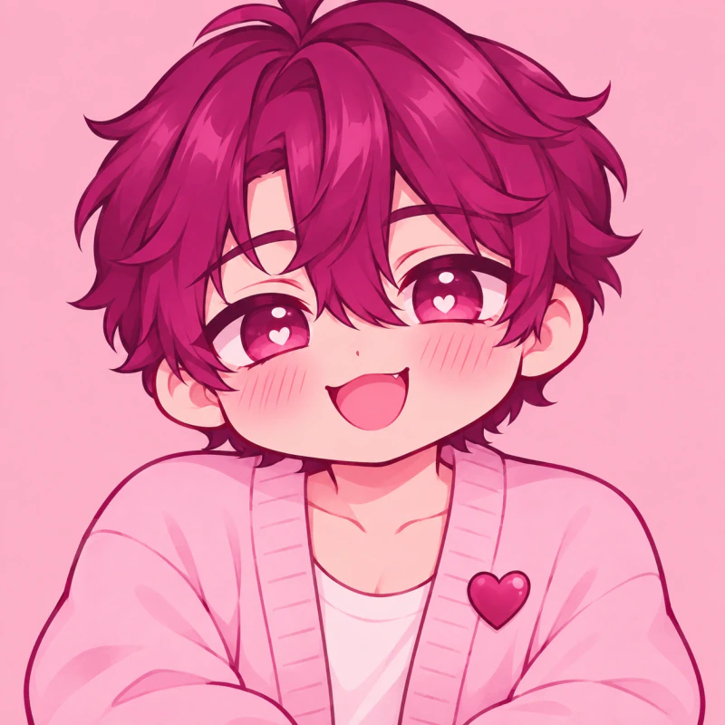 Magenta-haired adult chibi man with a delighted expression and heart pin, pink femboy pfp