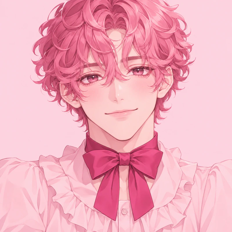 Rose-haired young man with a soft smile and pink bow collar, pink femboy pfp