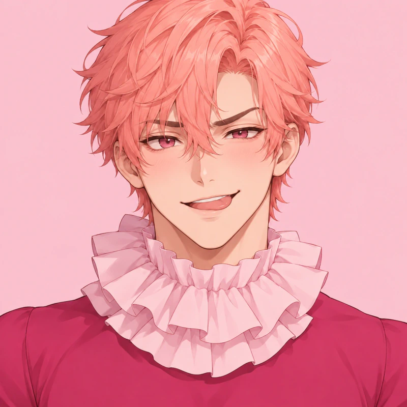 Salmon-haired young man with a cheeky expression and ruffled pink collar, pink femboy pfp