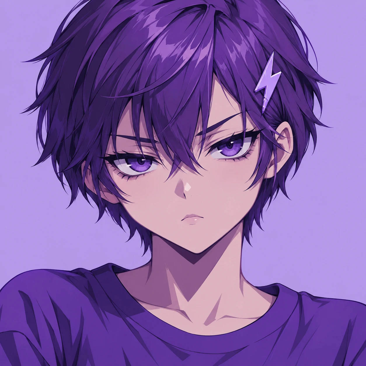 Purple anime girl pfp with grape pixie hair, an unimpressed expression, and a lilac lightning clip.