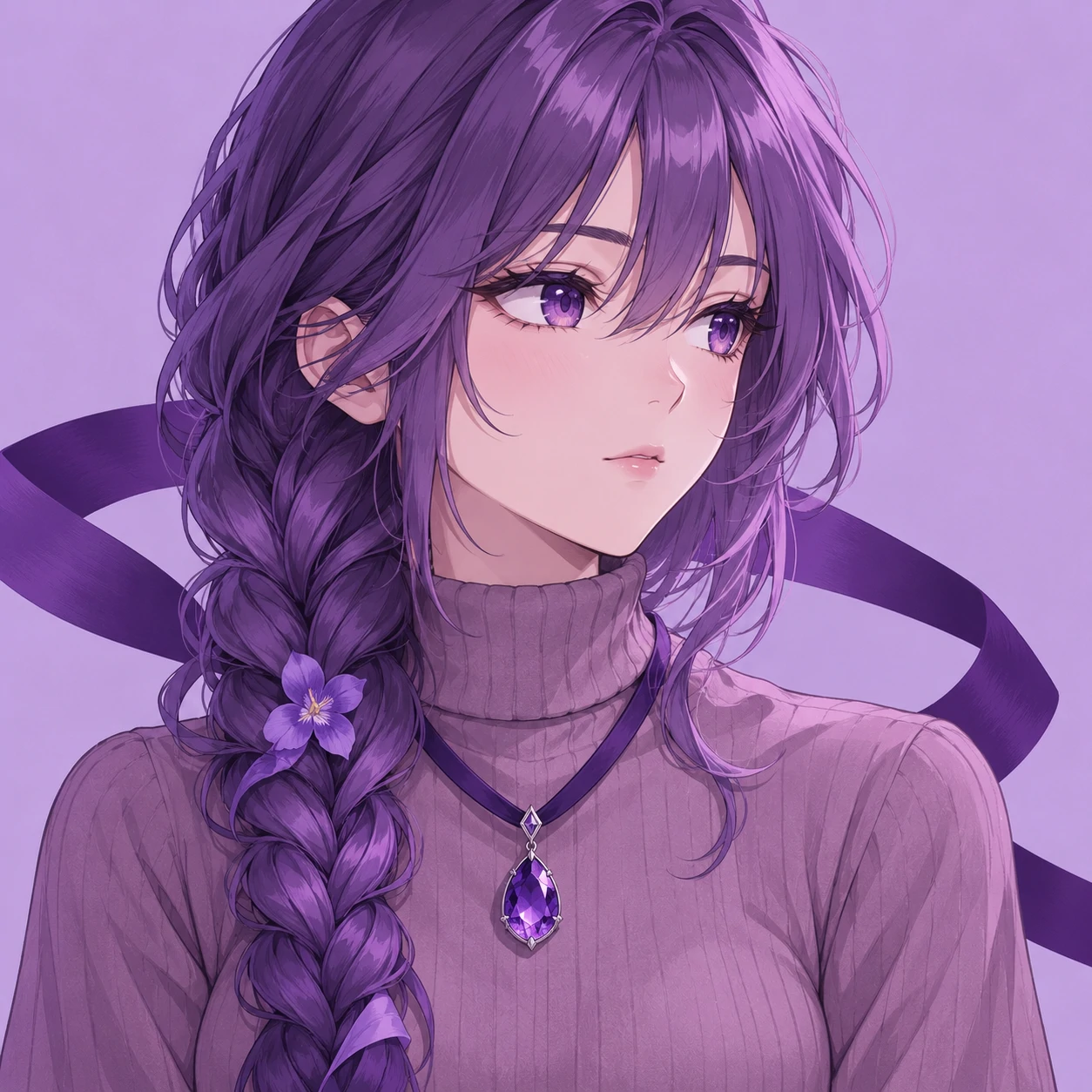 Purple anime girl pfp with an iris braid, a composed expression, and an amethyst pendant.