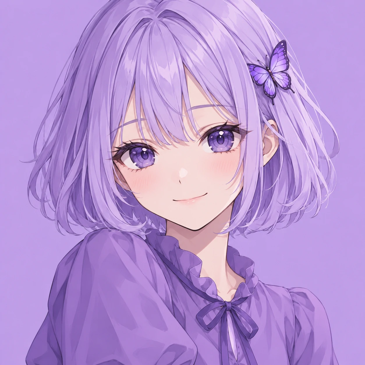 Purple anime girl pfp with a soft smile, lavender bob, and a violet butterfly clip.