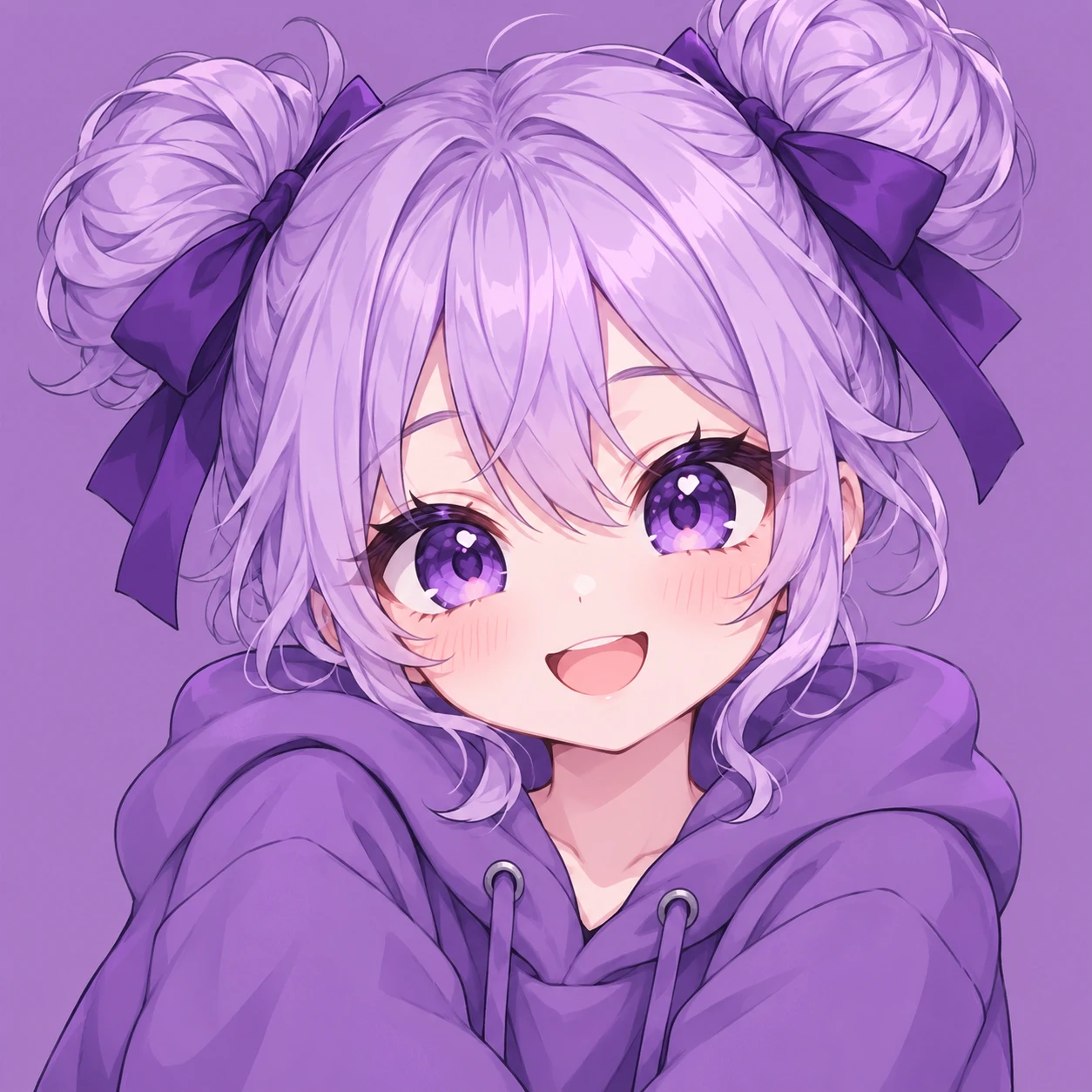 Purple anime girl pfp with lilac buns, a delighted expression, and a deep violet ribbon.