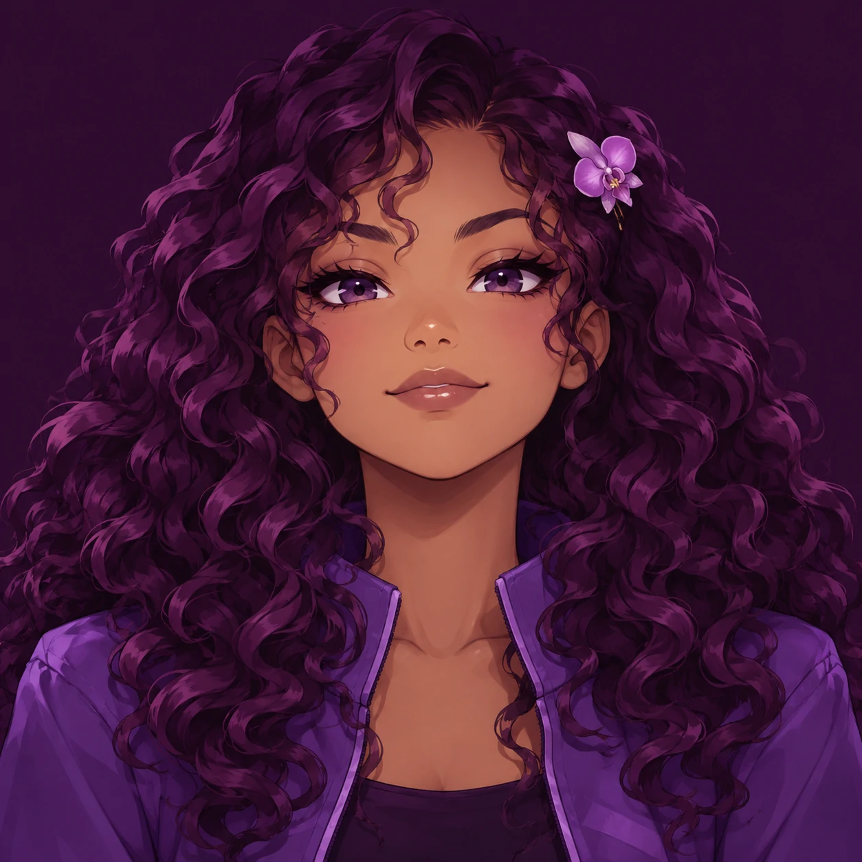 Purple anime girl pfp with plum curls, a proud expression, and a small orchid hair pin.