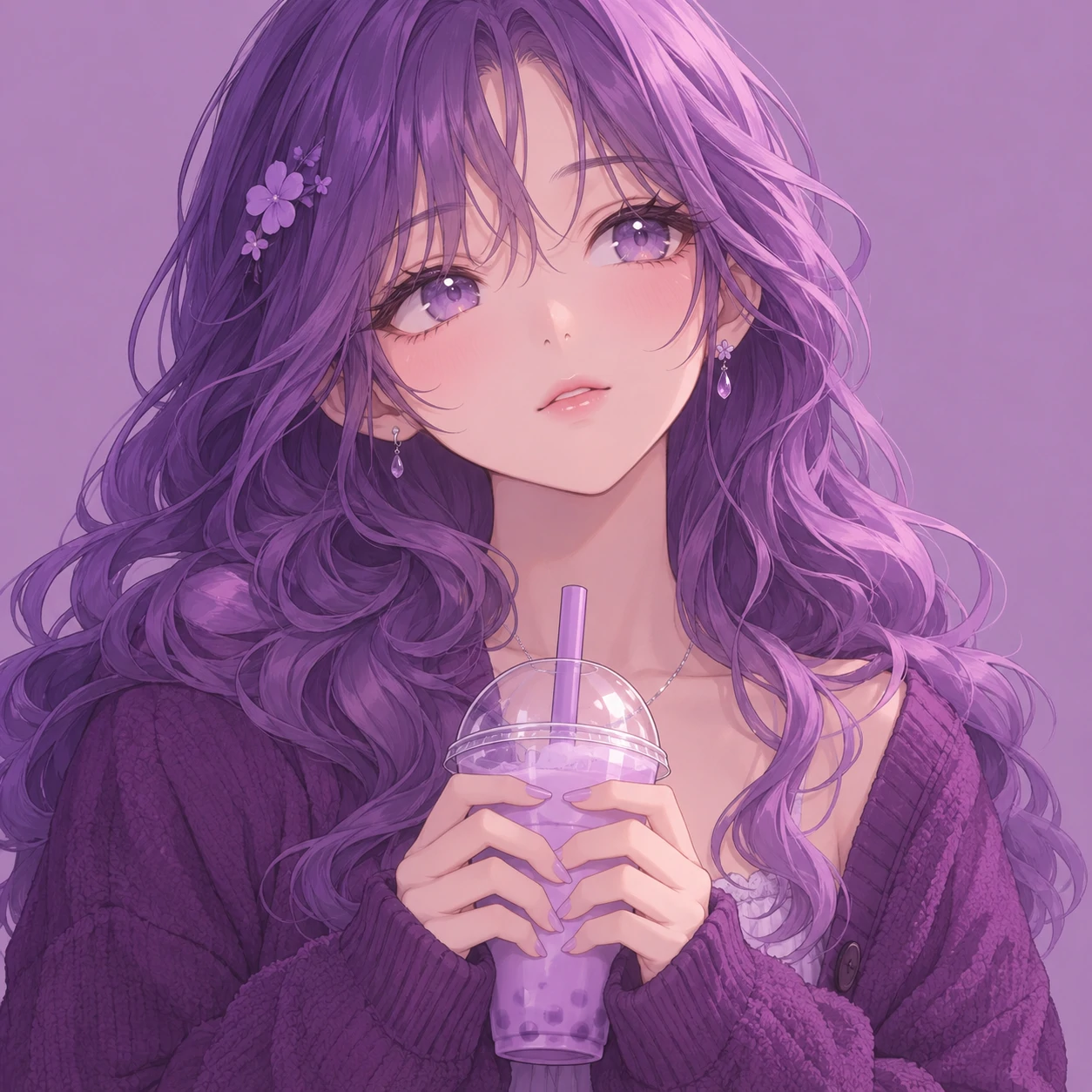 Purple anime girl pfp with violet waves, a dreamy expression, and a small lavender drink cup.