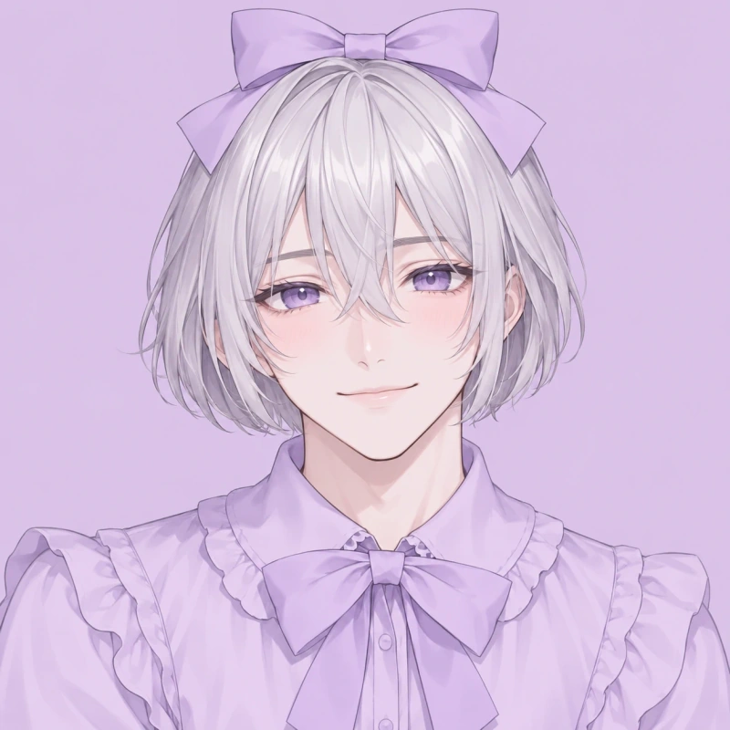 Silver-haired young man with a soft smile and lilac bow, anime femboy pfp