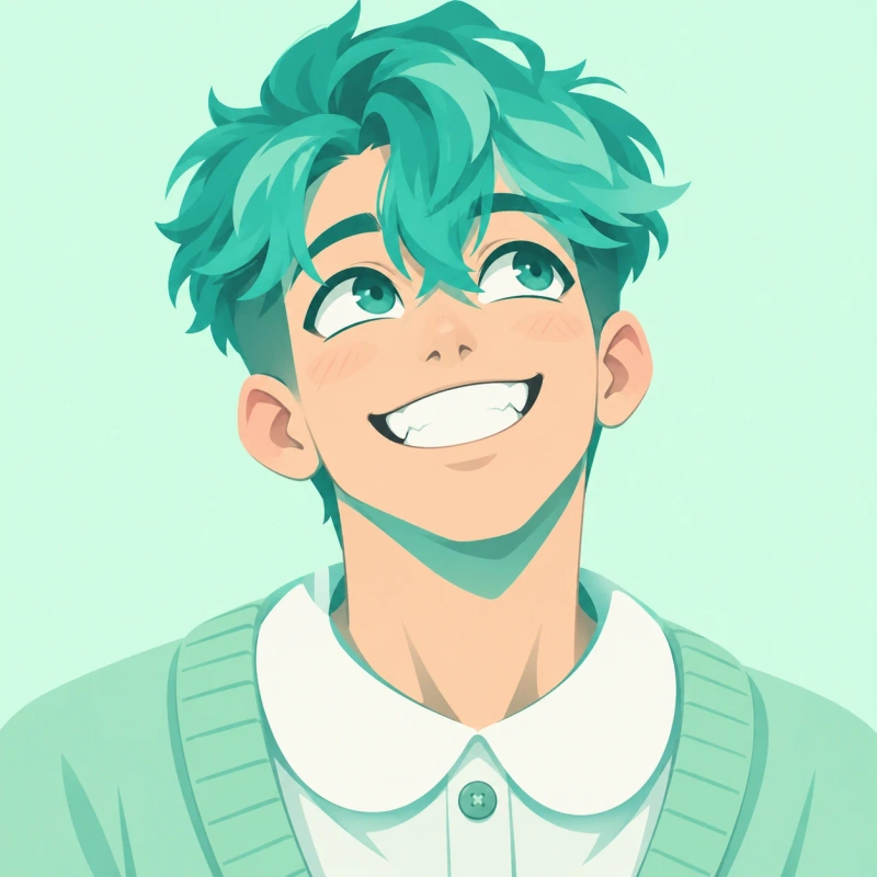 Teal-haired young man with a toothy grin and rounded collar, cartoon femboy pfp